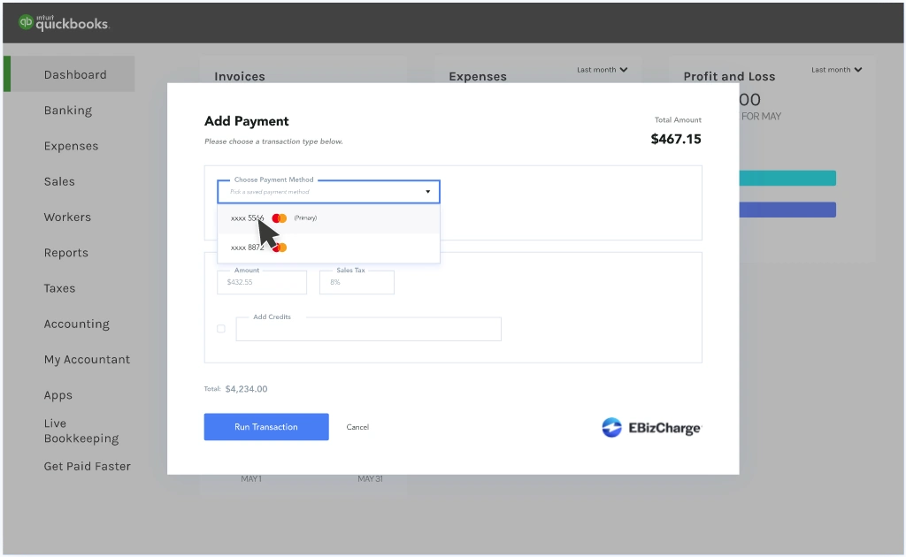 Quickbooks EbizCharge window to add payment.